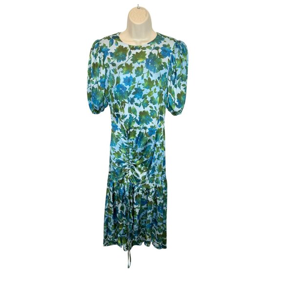 AMUR Blue Green Floral Ruched Asymmetrical Midi Dress - Size 4 - Picture 4 of 10